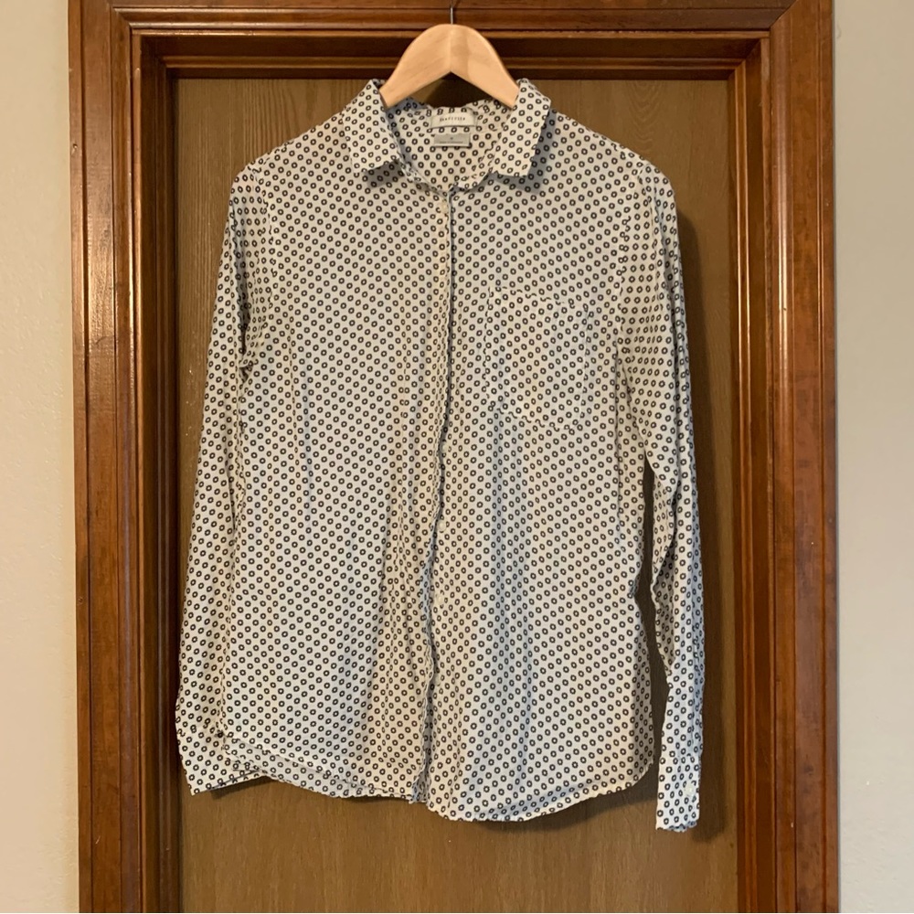 Van Heusen Black White Patterned Button Down Medium Rayon Nylon Office Blouse